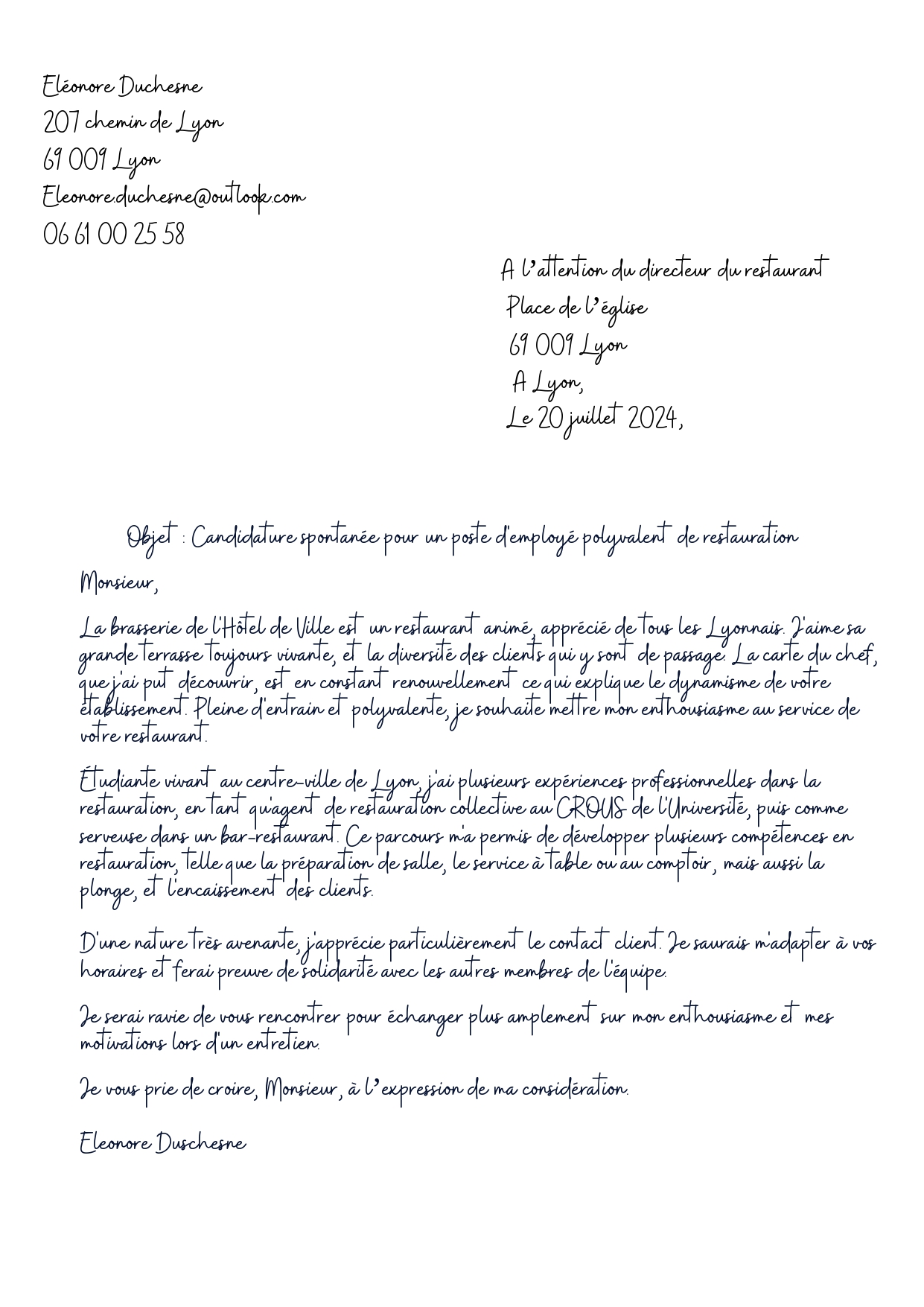 exemple de lettre de motivation manuscrite